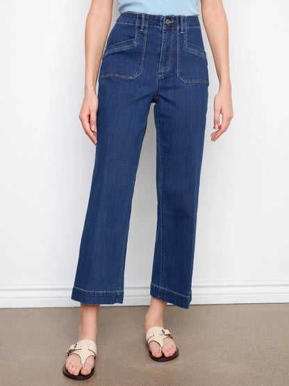 Cropped Wide Leg Stretch Jeans - Indigo