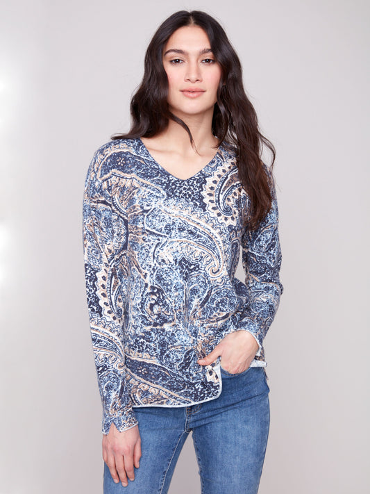 Printed V Neck Sweater