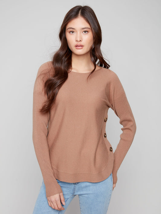 Long Sleeve Boat Neck Side Button Detail