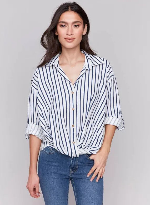 Striped Linen Blend with Front Twist Detail