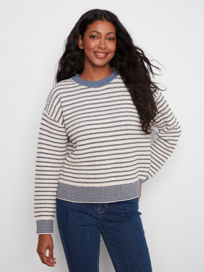 Long Sleeve Drop Shoulder Yarn Dye Striped Crew Neck Sweater