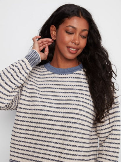 Long Sleeve Drop Shoulder Yarn Dye Striped Crew Neck Sweater