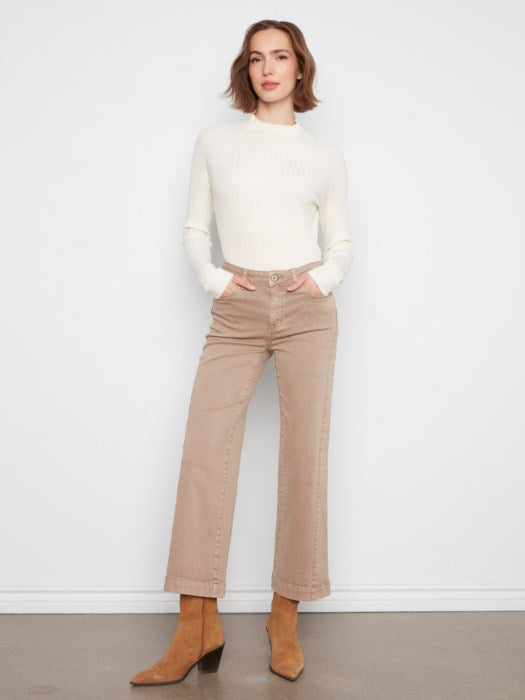 Wide Leg Twill Pants with Side
Panel Detail Latte