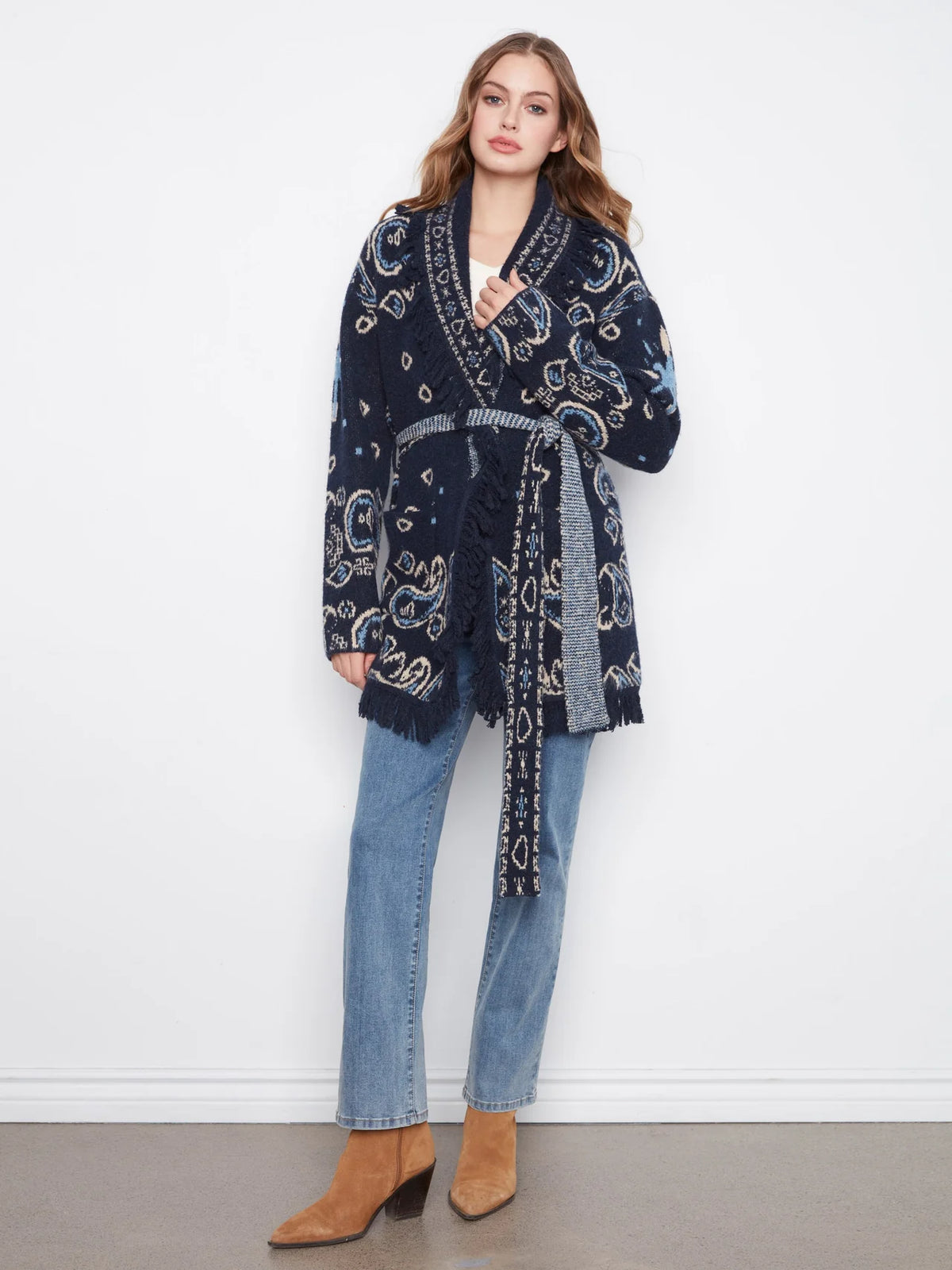 Fringed Belted Cardigan - Navy