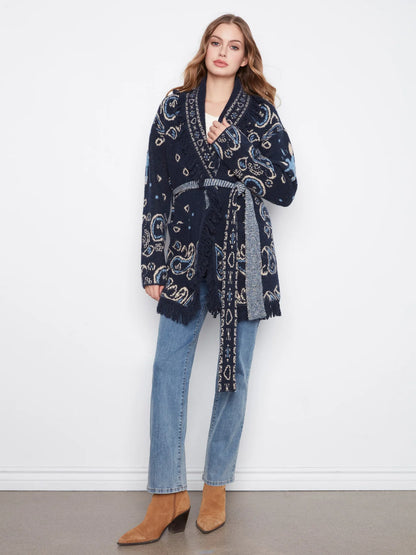 Fringed Belted Cardigan - Navy