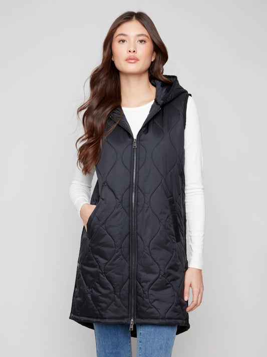 Pearl Long Hooded Vest Black