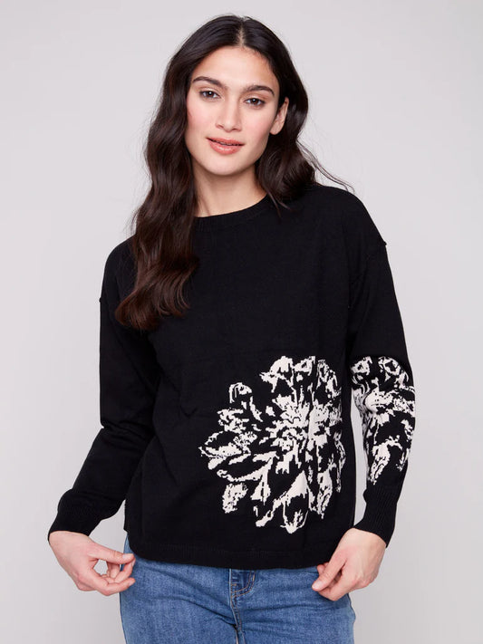 Jacquard Detail Crew Neck Sweater - Black