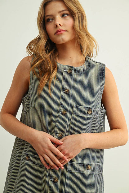 STRIPED BUTTON FRONT DENIM DRESS