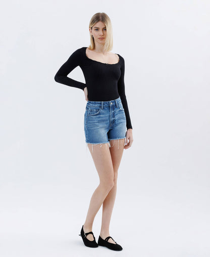 High Rise Raw Hem Denim Short