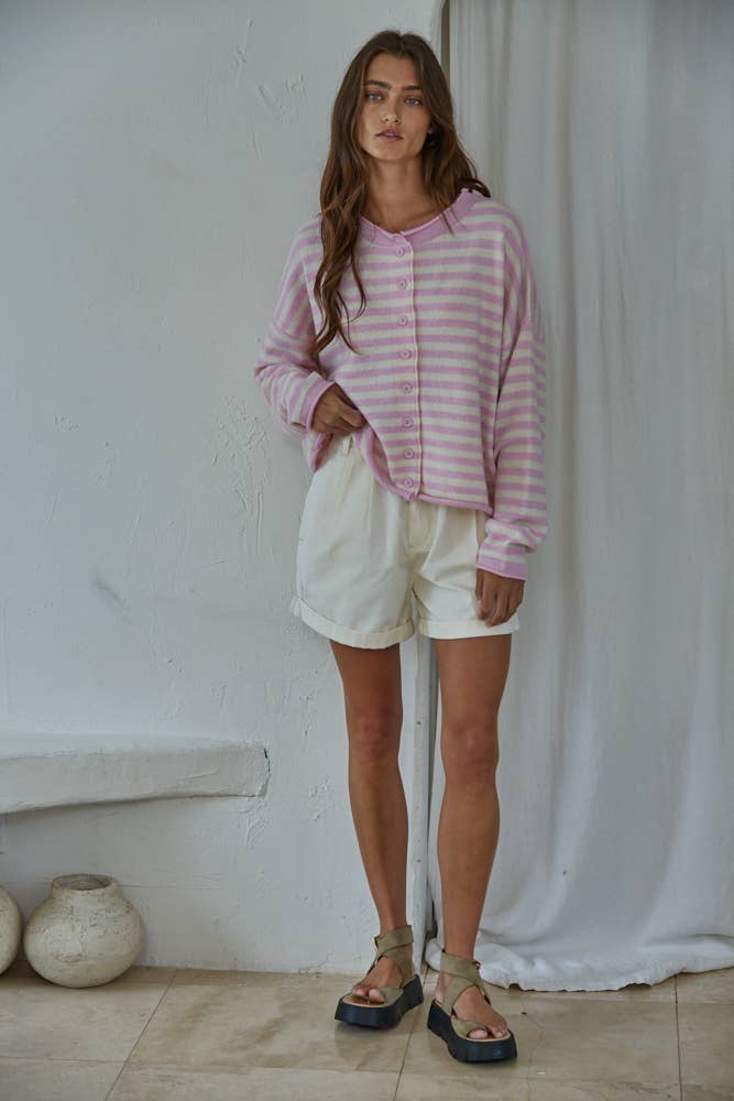 Knit Striped Sweater Cardigan Pink