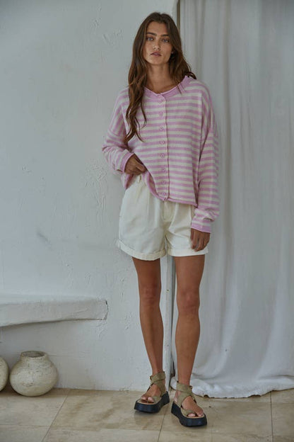 Knit Striped Sweater Cardigan Pink