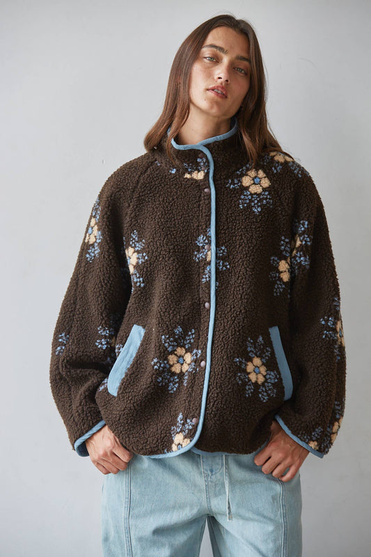 Knit Sherpa Fleece Floral Print Jacket