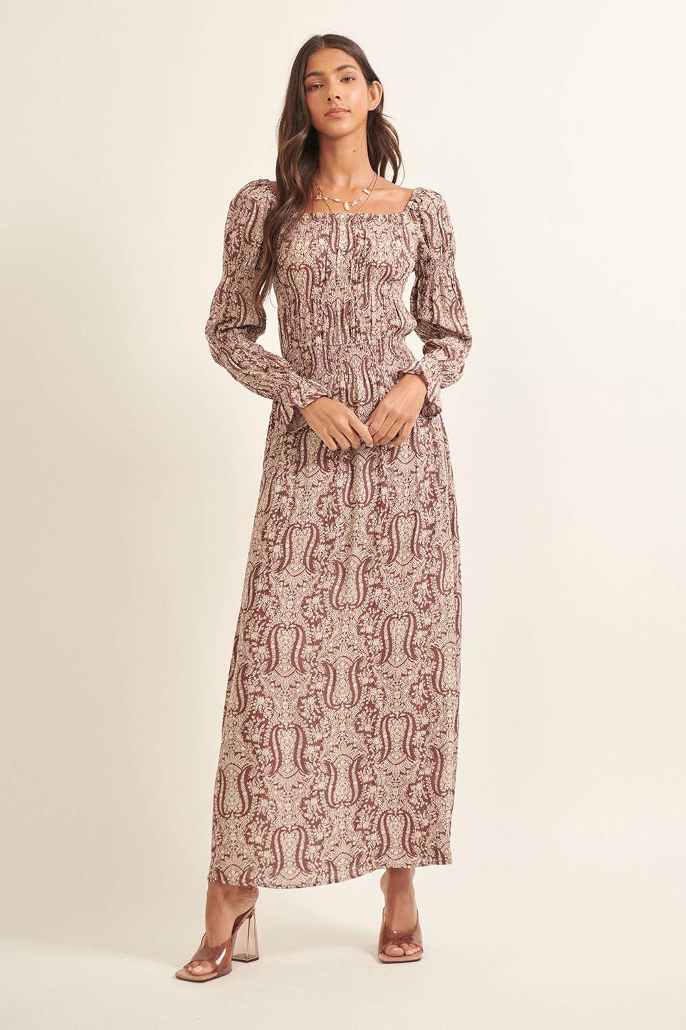 Paisley Square Neck Long Sleeve Maxi Dress
