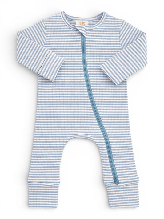 Dusty Blue Stripe / Ribbed Romper