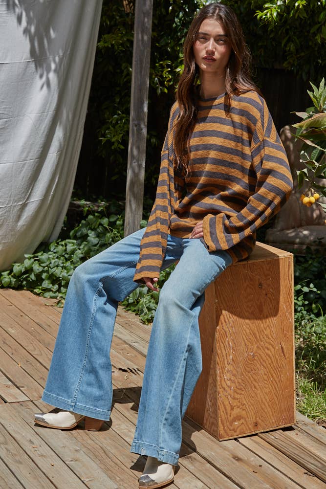 Knit Ribbed Striped Long Sleeve Pullover
