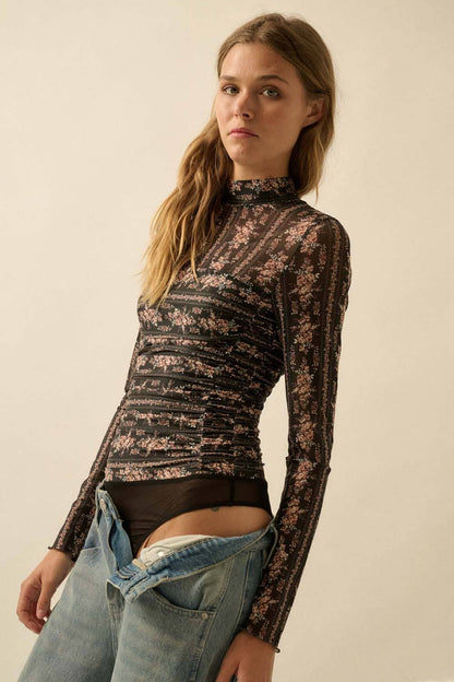 Floral-Print Mesh Ruched Mock-Neck Bodysuit
