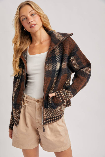 Plaid Wide Collar Zip Sweater
