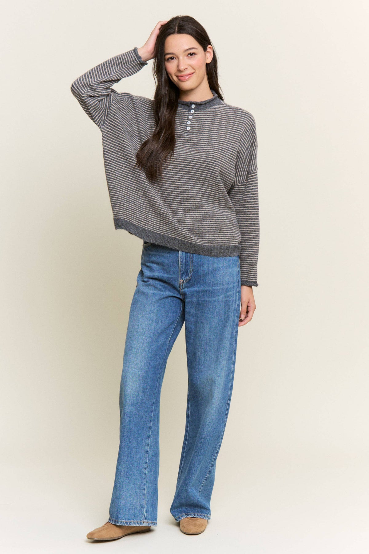 Striped Henley Knit Sweater