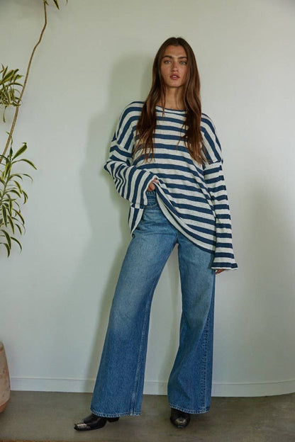 Knit Ribbed Striped Long Sleeve Pullover