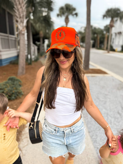 Strong as a mother™ Embroidered Trucker Hat - Neon Orange Camo
