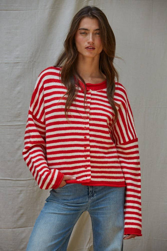 Knit Sweater Striped Button Cardi