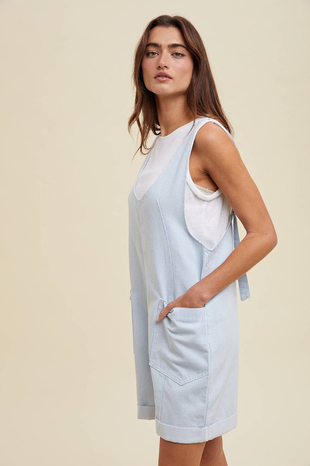 Sky and White Striped Overall Romper