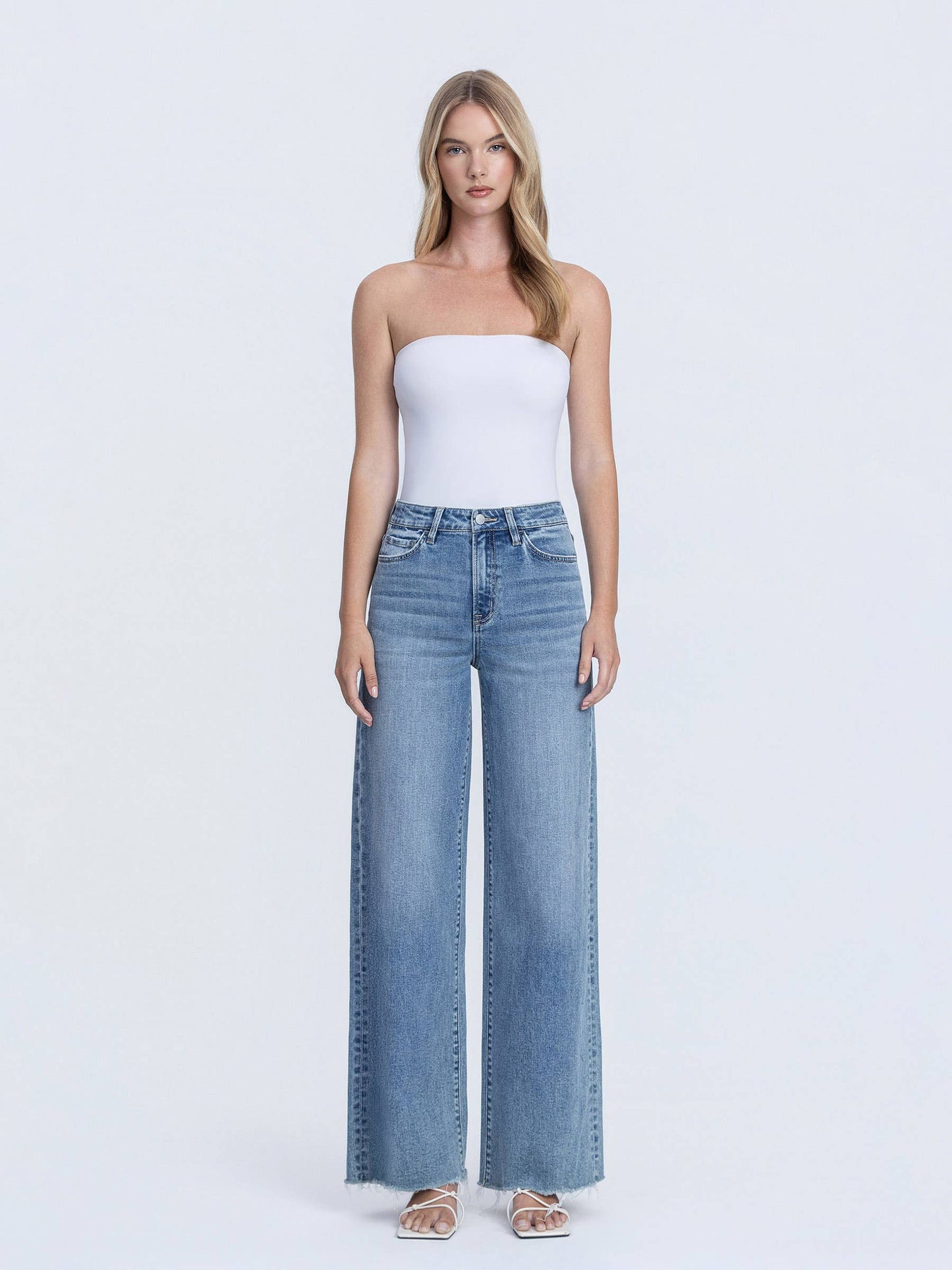 SUPER HIGH RISE MEDIUM WASH RAW HEM WIDE LEG