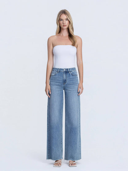 SUPER HIGH RISE MEDIUM WASH RAW HEM WIDE LEG