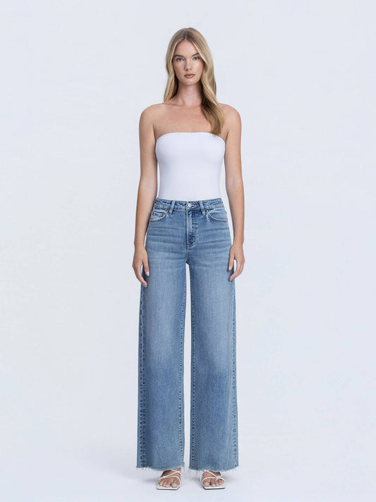 SUPER HIGH RISE MEDIUM WASH RAW HEM WIDE LEG