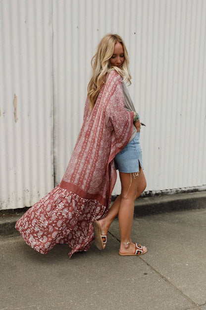 Paisley Tapestry Free Flow Duster Kimono - Wine