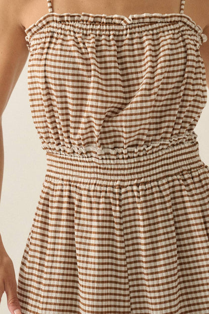 Gingham Plaid Open-Back Bubble-Leg Cami Jumpsuit