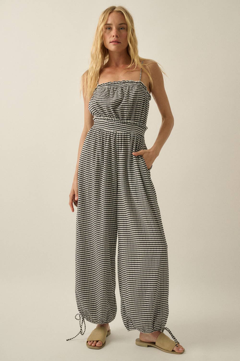 Gingham Plaid Open-Back Bubble-Leg Cami Jumpsuit
