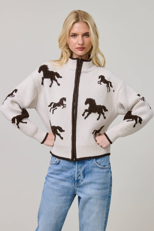 Horse Motif Zip-Up Knit Cardigan