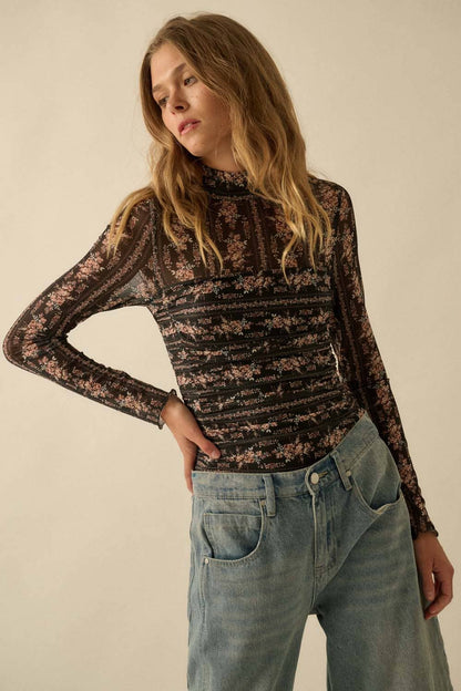 Floral-Print Mesh Ruched Mock-Neck Bodysuit