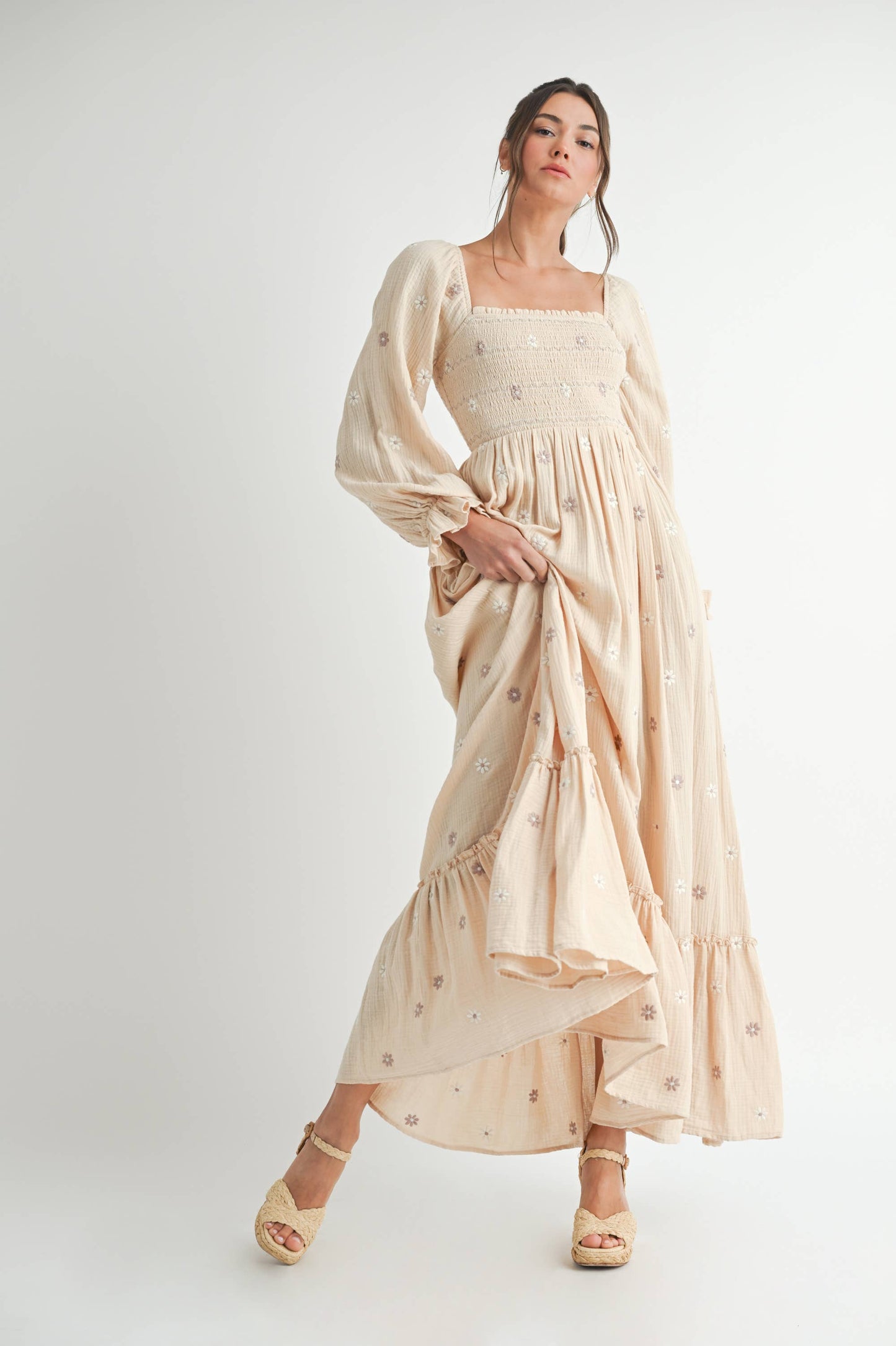 Long Sleeve Embroidery Maxi Dress.