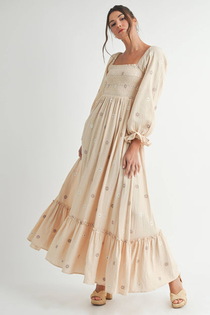 Long Sleeve Embroidery Maxi Dress.