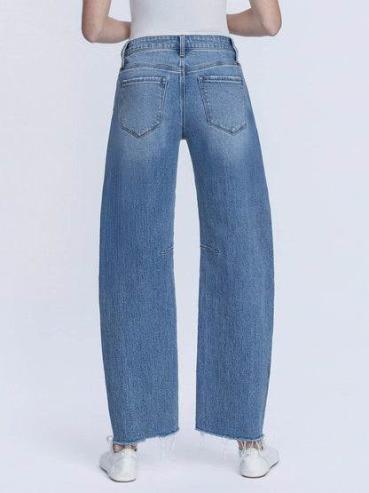 HIGH RISE RAW HEM SEAM DETAIL BARREL JEANS