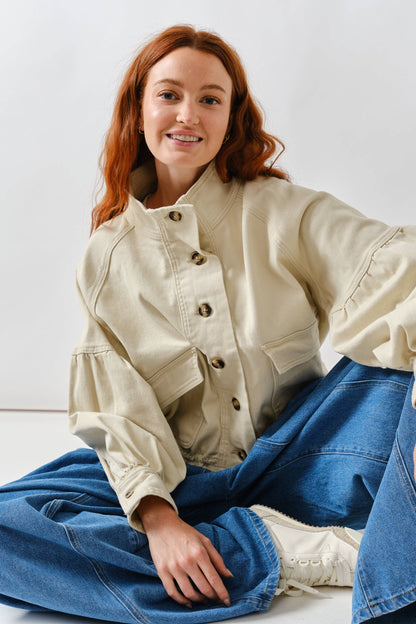 Balloon Sleeve Twill Jacket in Cream