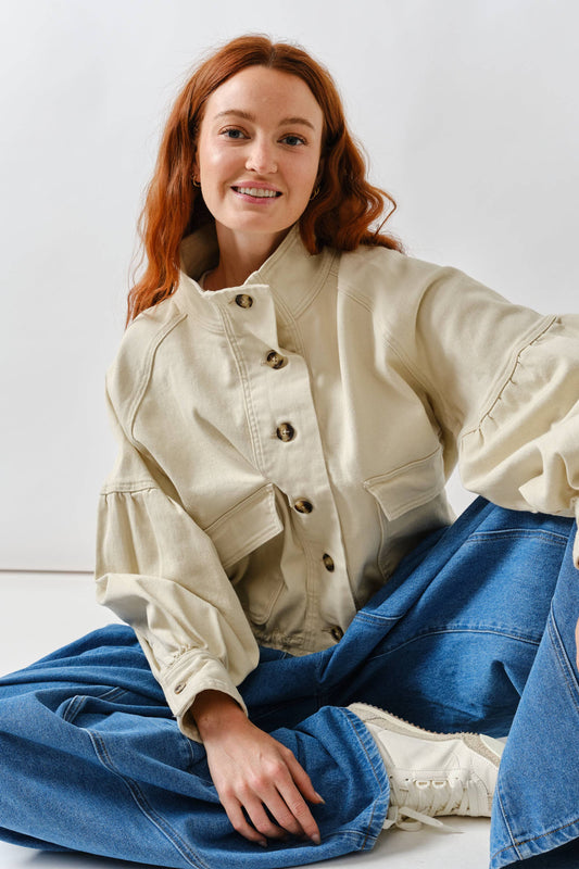 Balloon Sleeve Twill Jacket in Cream