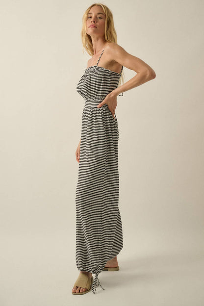 Gingham Plaid Open-Back Bubble-Leg Cami Jumpsuit