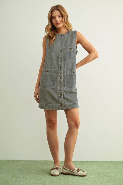 STRIPED BUTTON FRONT DENIM DRESS
