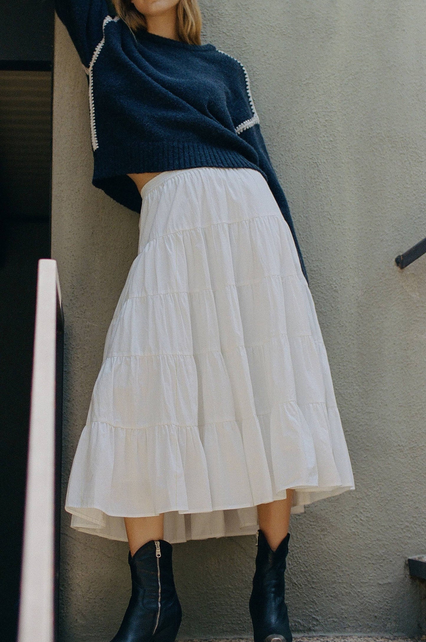 Woven Cotton Flare Ruffled Midi Skirt