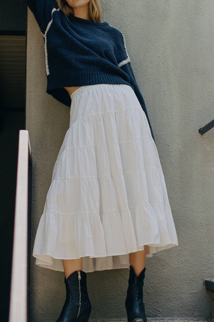 Woven Cotton Flare Ruffled Midi Skirt
