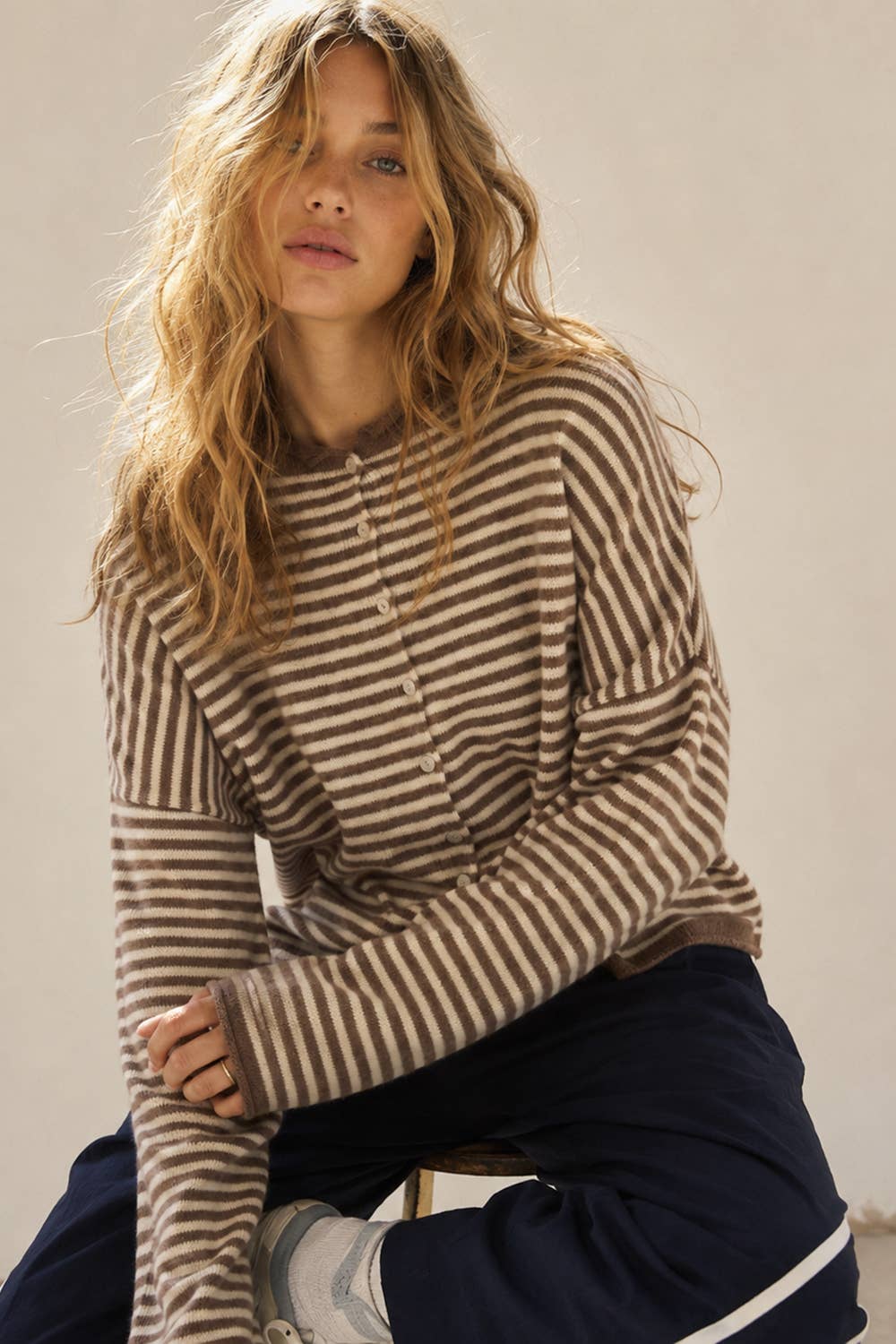 Soft Stripe Knit Sweater Cream + Brown