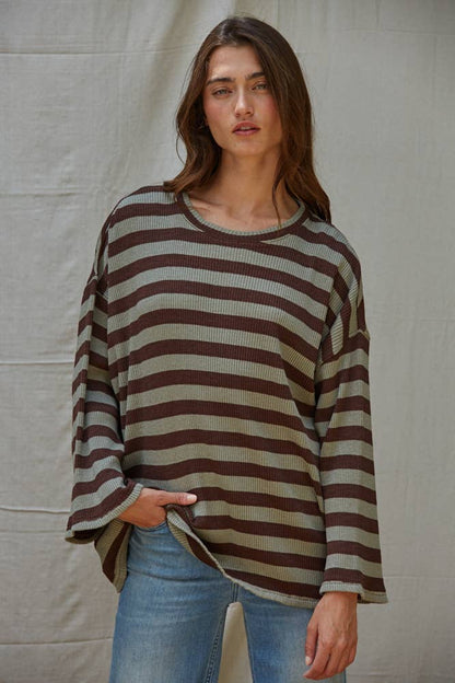 Knit Ribbed Striped Long Sleeve Pullover