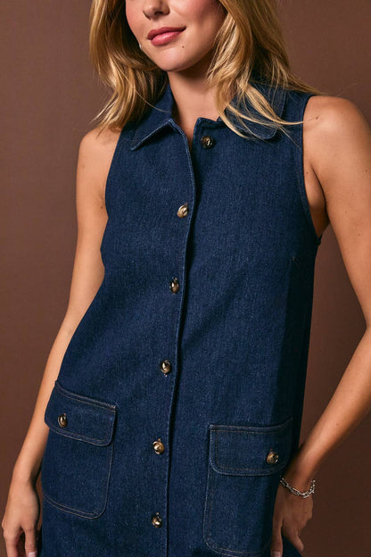 COLLARED SLEEVELESS BUTTON DOWN DENIM DRESS