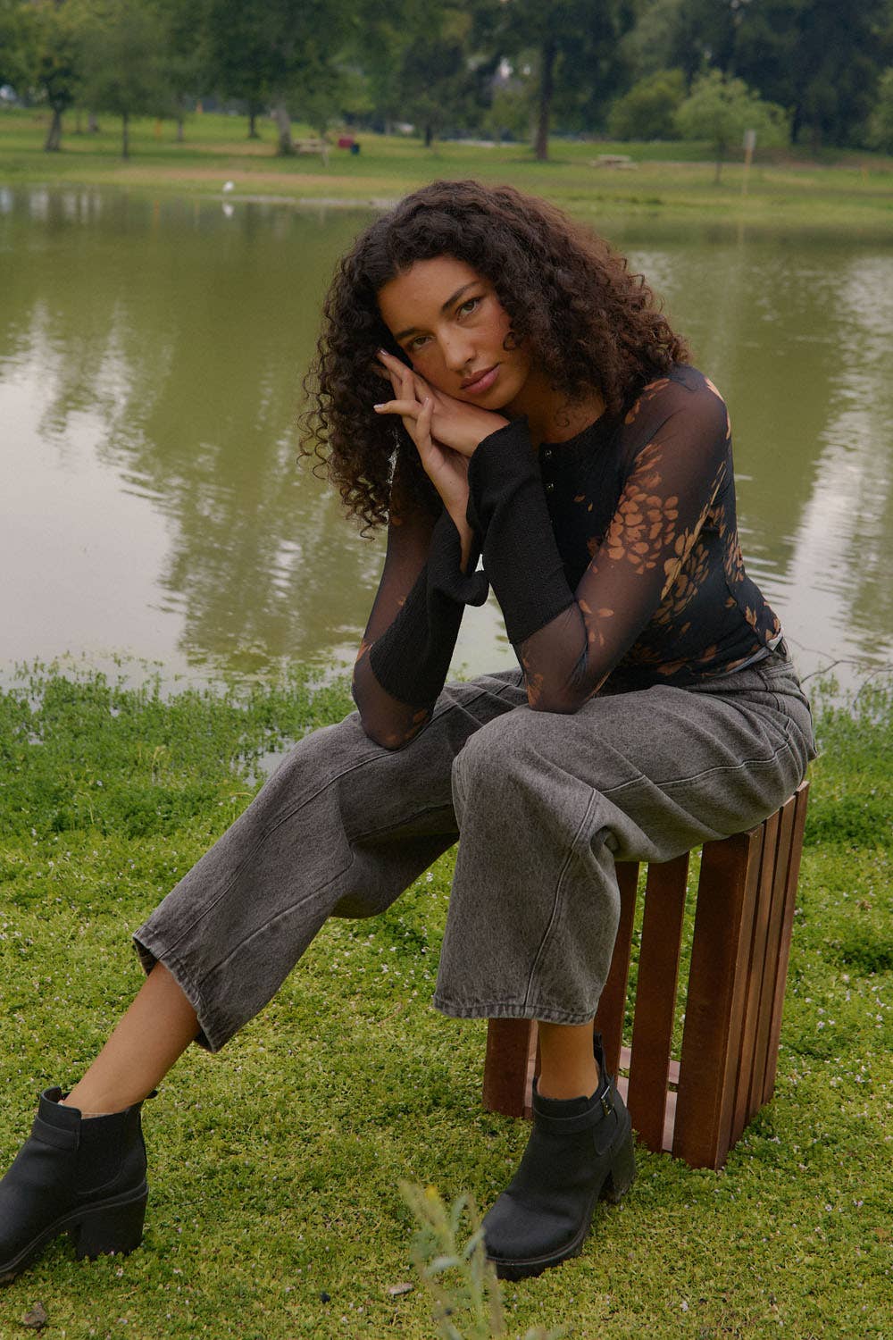 Floral Mesh Raglan Henley Top