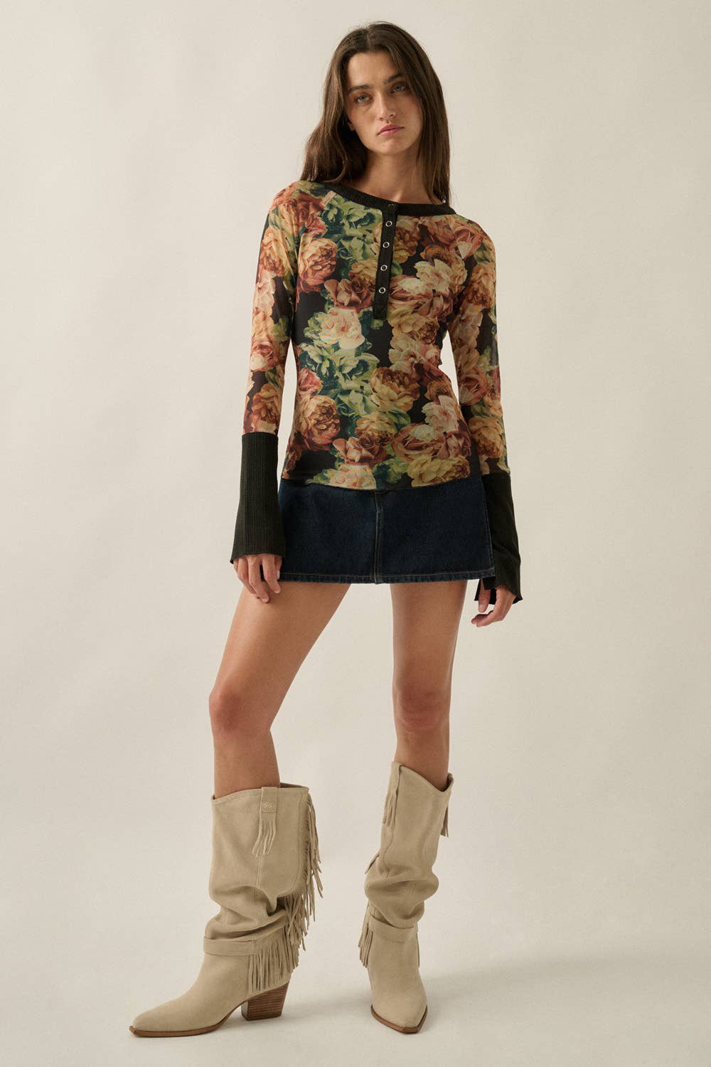 Floral Mesh Split-Cuff Top