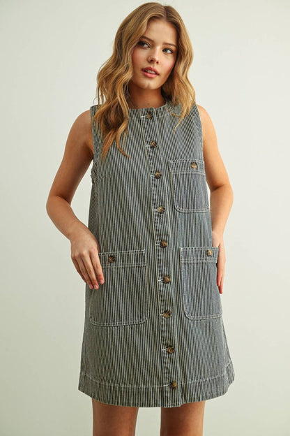 STRIPED BUTTON FRONT DENIM DRESS