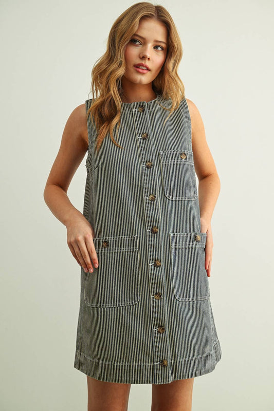 STRIPED BUTTON FRONT DENIM DRESS
